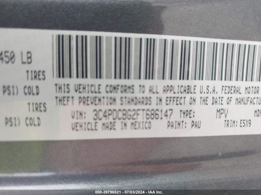 2015 Dodge Journey Sxt VIN: 3C4PDCBG2FT686147 Lot: 39796521