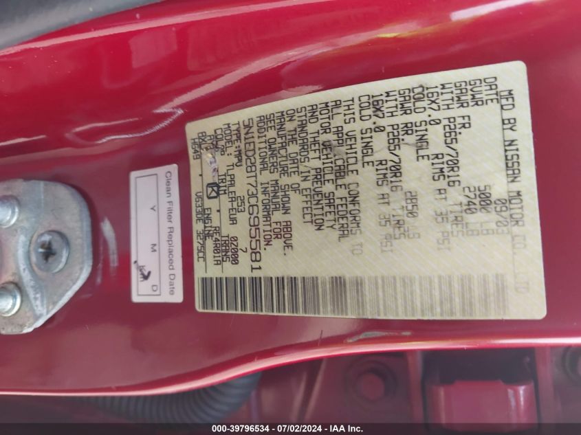 2003 Nissan Xterra Xe VIN: 5N1ED28T73C695581 Lot: 39796534