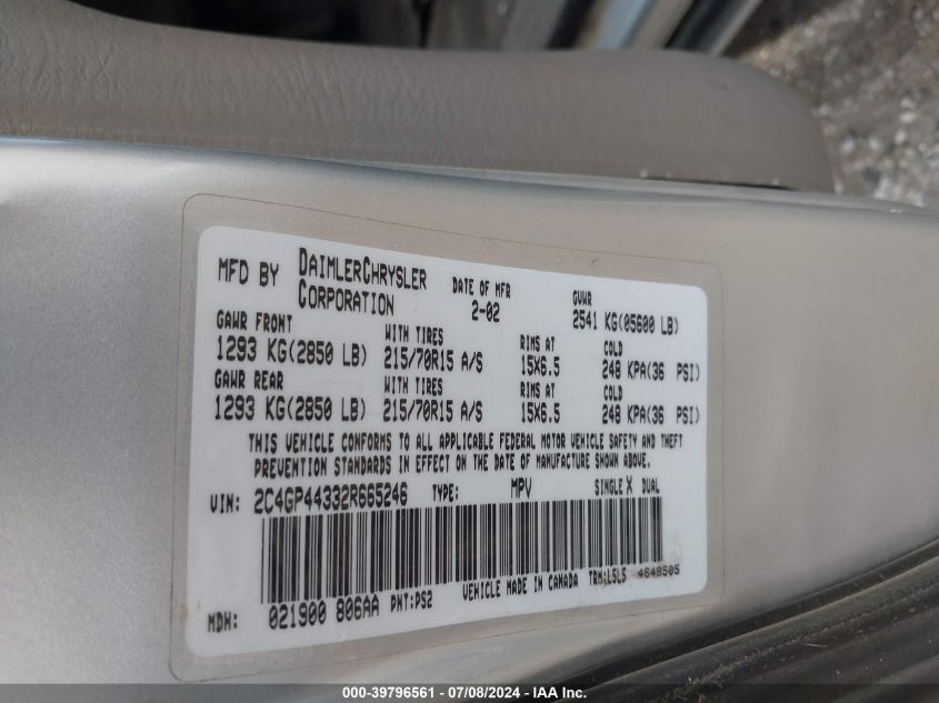 2002 Chrysler Town & Country Lx VIN: 2C4GP44332R665246 Lot: 39796561