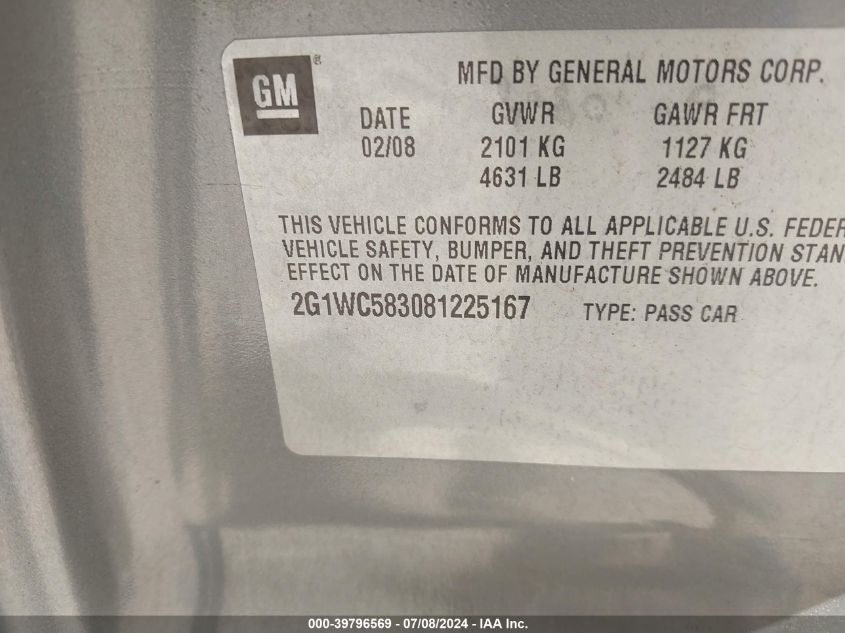 2008 Chevrolet Impala Lt VIN: 2G1WC583081225167 Lot: 39796569