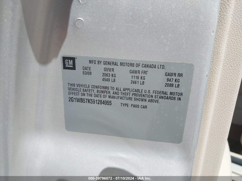 2009 Chevrolet Impala Ls VIN: 2G1WB57K591284955 Lot: 39796572