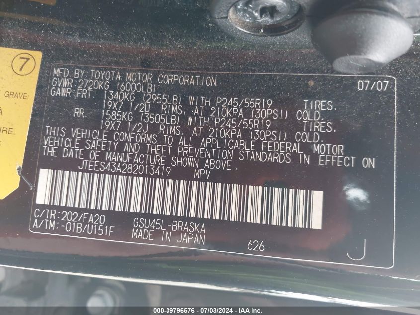 2008 Toyota Highlander Sport VIN: JTEES43A282013419 Lot: 39796576