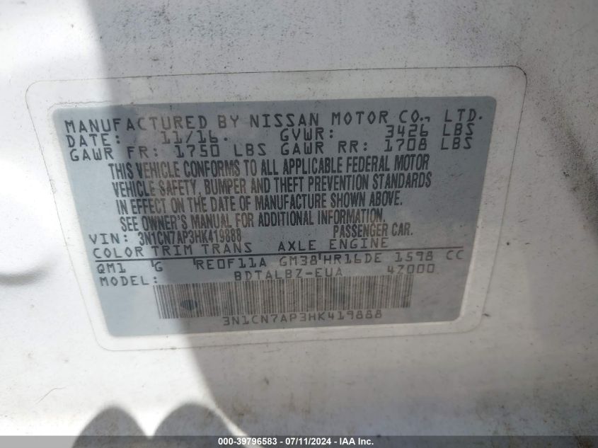 2017 Nissan Versa 1.6 Sv VIN: 3N1CN7AP3HK419888 Lot: 39796583