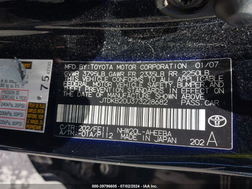 2007 Toyota Prius VIN: JTDKB20U373228682 Lot: 39796605