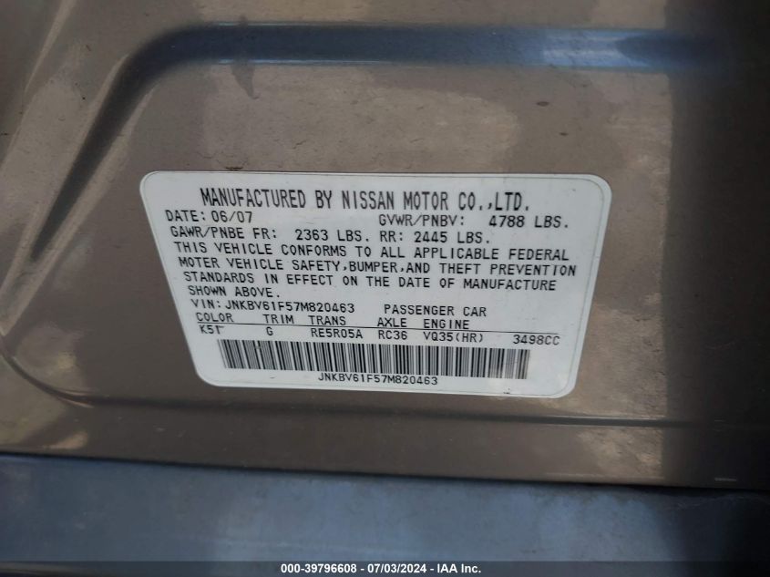 2007 Infiniti G35X VIN: JNKBV61F57M820463 Lot: 39796608