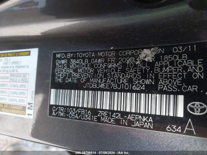 2011 Toyota Corolla Le VIN: JTDBU4EE7BJ101624 Lot: 39796614