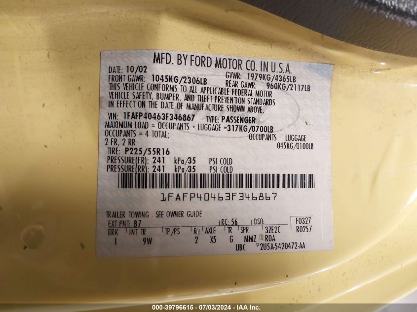 2003 Ford Mustang VIN: 1FAFP40463F346867 Lot: 39796615