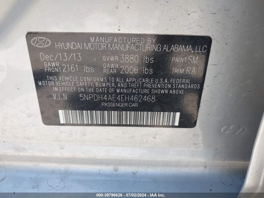 2014 Hyundai Elantra Se VIN: 5NPDH4AE4EH462468 Lot: 39796626