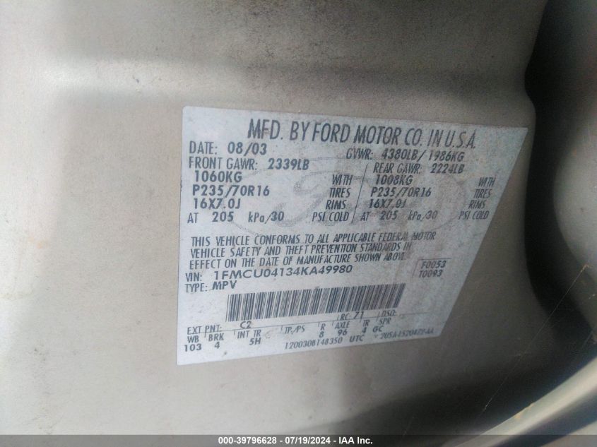 2004 Ford Escape Limited VIN: 1FMCU04134KA49980 Lot: 39796628