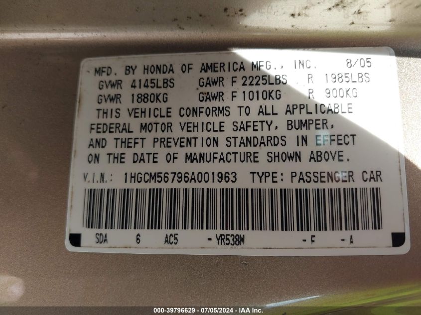 2006 Honda Accord 2.4 Ex VIN: 1HGCM56796A001963 Lot: 39796629