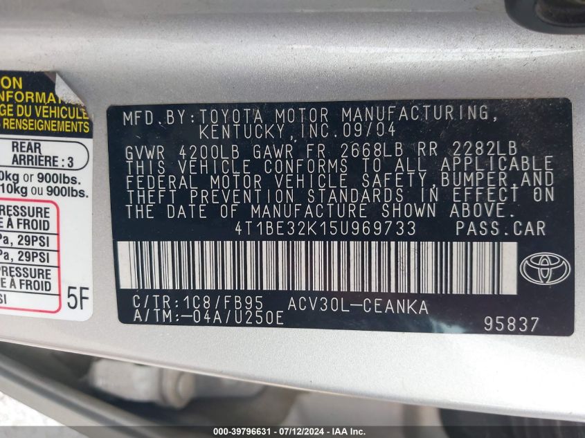 2005 Toyota Camry Le VIN: 4T1BE32K15U969733 Lot: 39796631