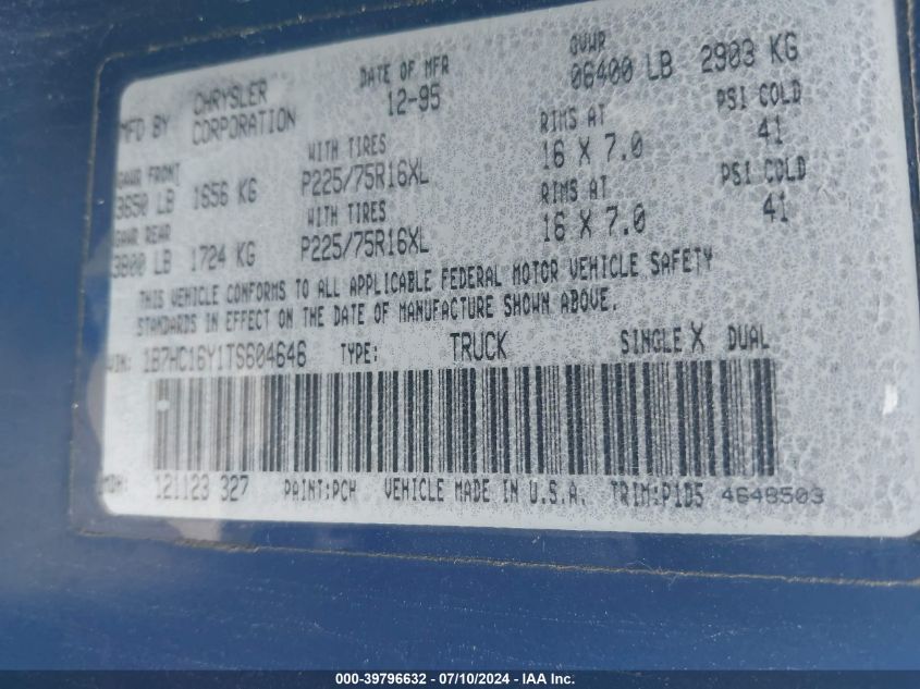 1996 Dodge Ram 1500 VIN: 1B7HC16Y1TS604646 Lot: 39796632