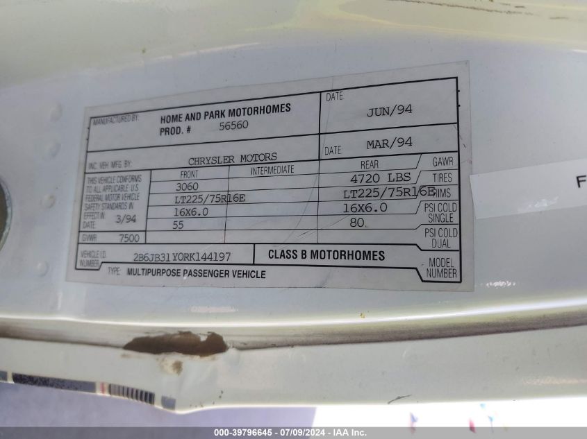 1994 Dodge Ram Van B350 VIN: 2B6JB31Y0RK144197 Lot: 39796645