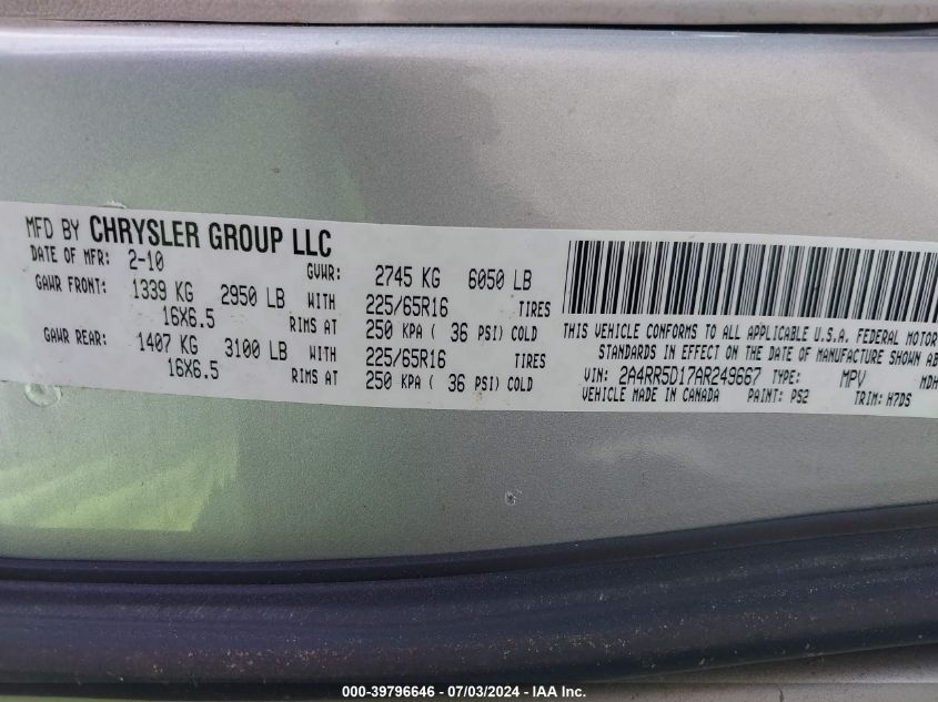 2010 Chrysler Town & Country Touring VIN: 2A4RR5D17AR249667 Lot: 39796646