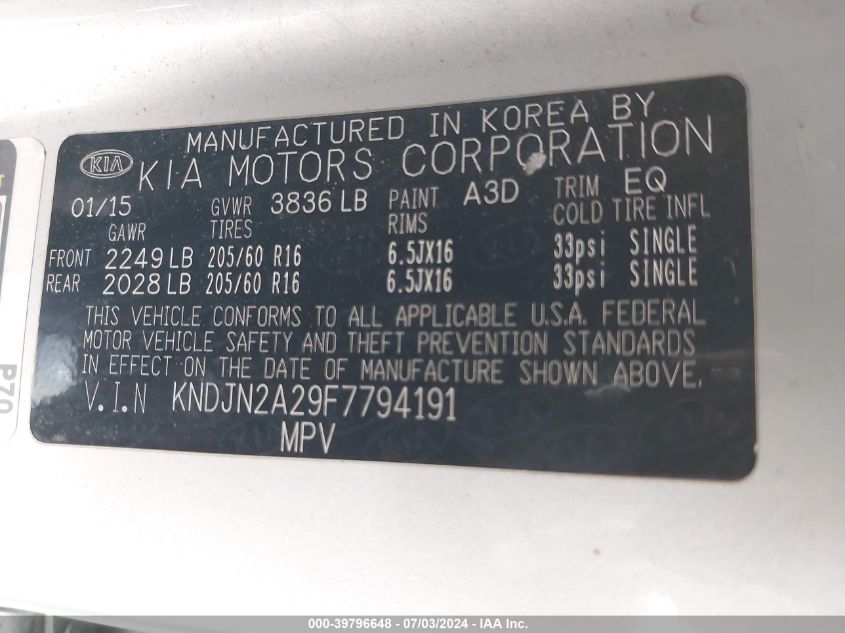 2015 Kia Soul VIN: KNDJN2A29F7794191 Lot: 39796648