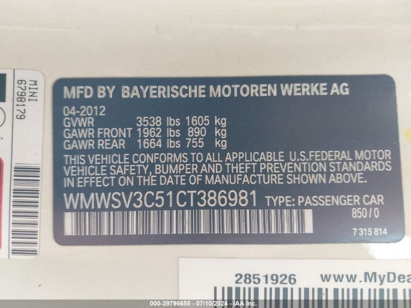2012 Mini Cooper S VIN: WMWSV3C51CT386981 Lot: 39796655