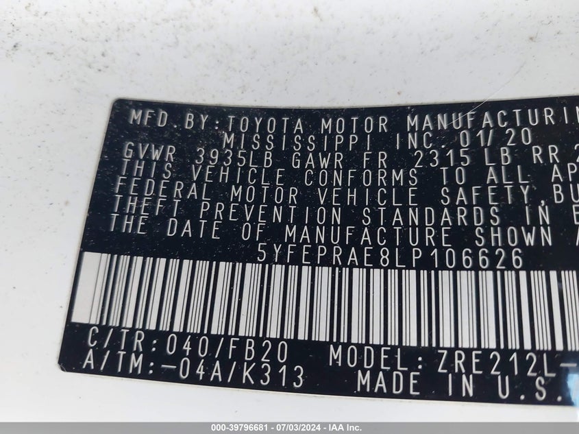 VIN 5YFEPRAE8LP106626 2020 TOYOTA COROLLA LE