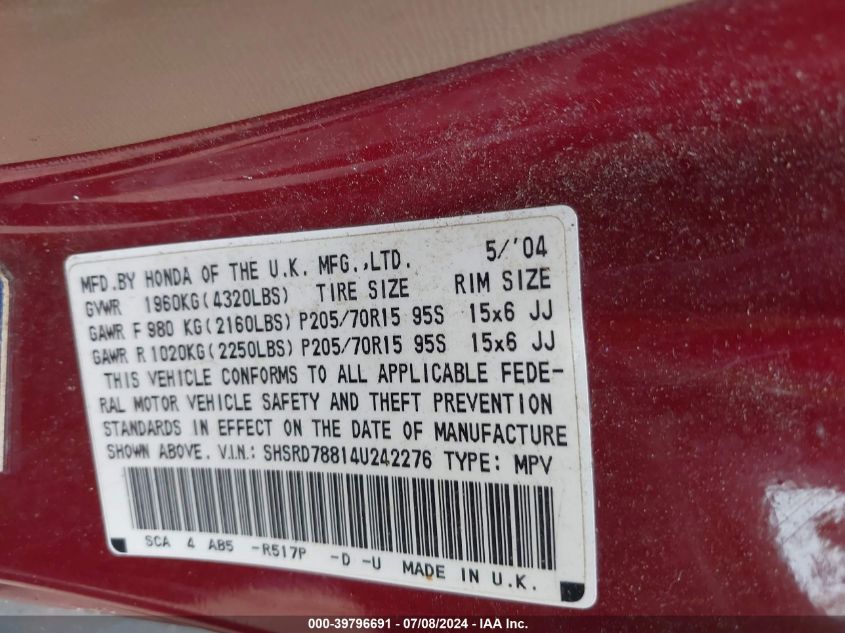 2004 Honda Cr-V Ex VIN: SHSRD78814U242276 Lot: 39796691