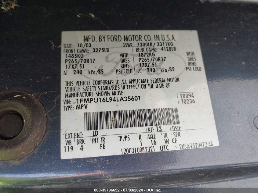 2004 Ford Expedition Nbx/Xlt VIN: 1FMPU16L94LA35601 Lot: 39796692