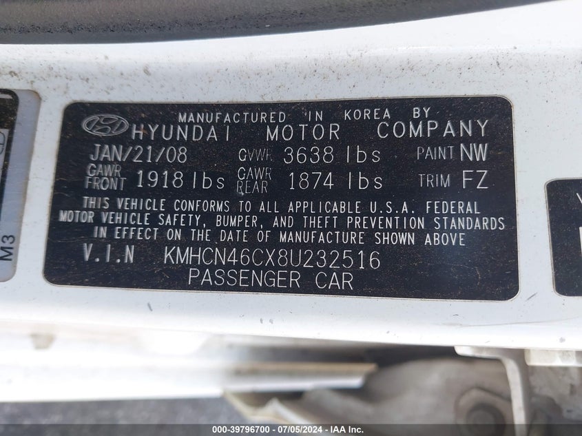 2008 Hyundai Accent Gls VIN: KMHCN46CX8U232516 Lot: 39796700