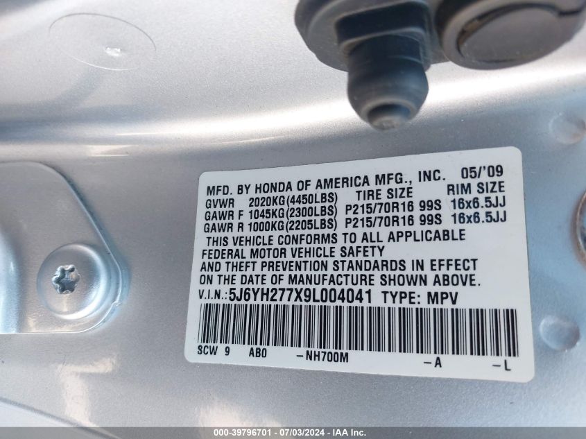 2009 Honda Element Ex VIN: 5J6YH277X9L004041 Lot: 39796701