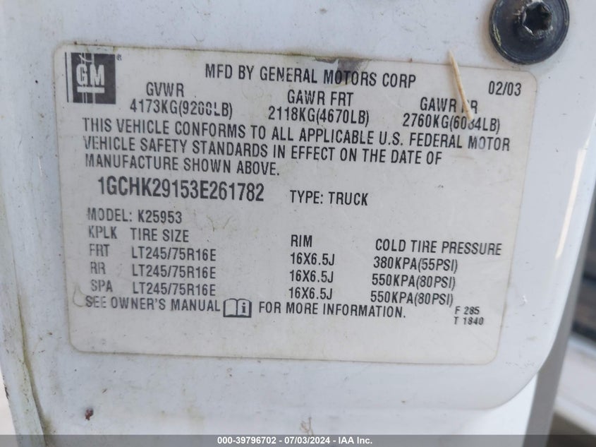 2003 Chevrolet Silverado 2500Hd Lt VIN: 1GCHK29153E261782 Lot: 39796702