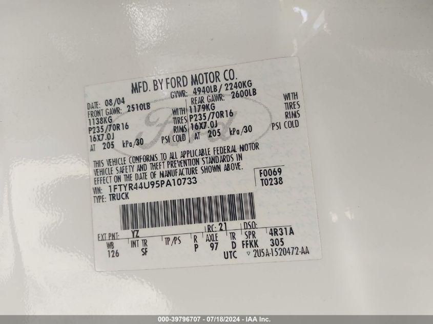 2005 Ford Ranger Edge/Stx/Xlt VIN: 1FTYR44U95PA10733 Lot: 39796707