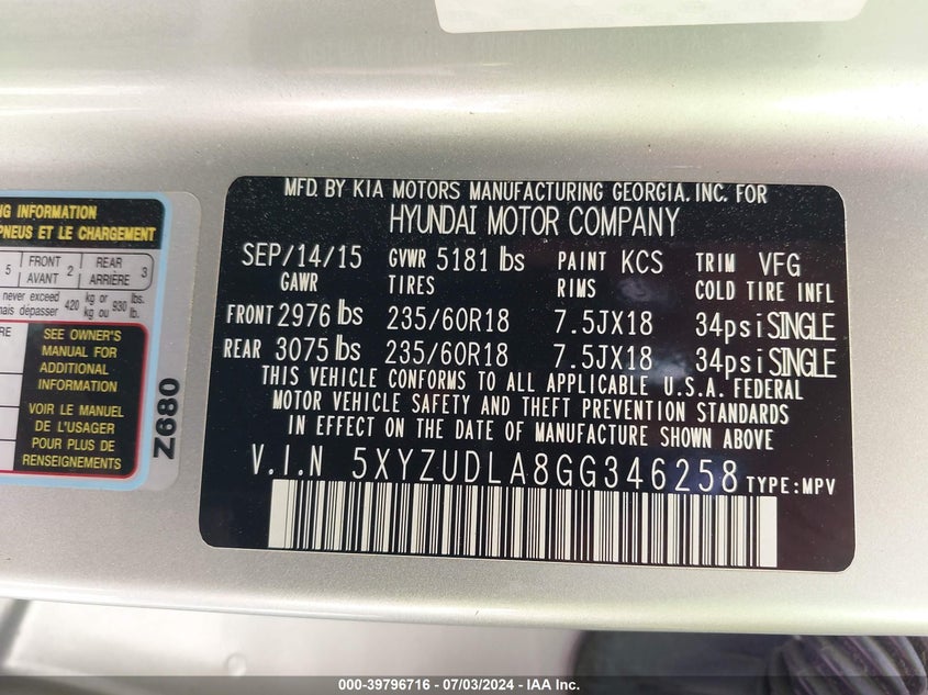 2016 Hyundai Santa Fe Sport 2.0L Turbo VIN: 5XYZUDLA8GG346258 Lot: 39796716