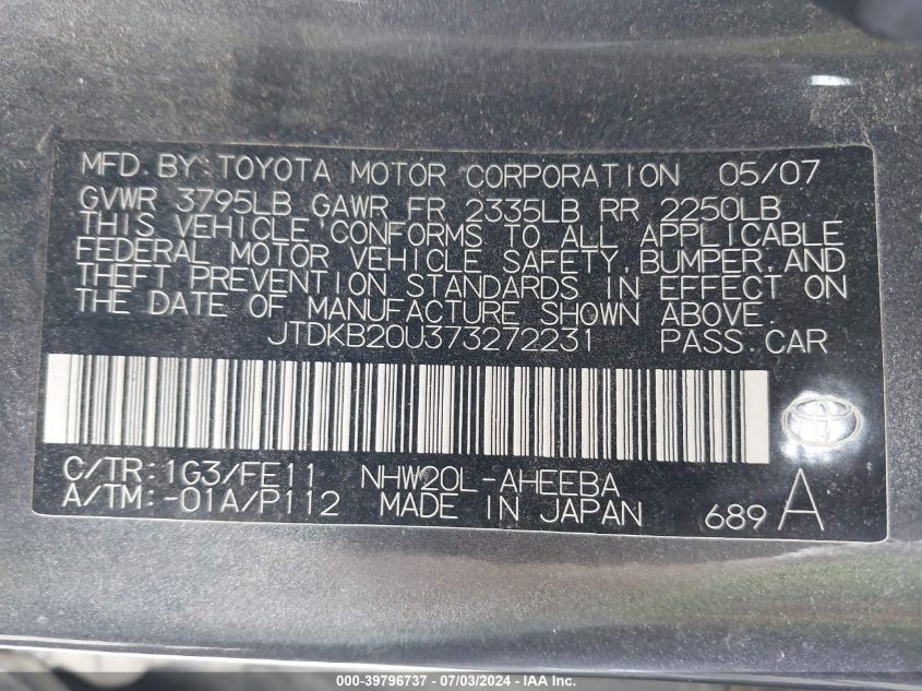 2007 Toyota Prius VIN: JTDKB20U373272231 Lot: 39796737
