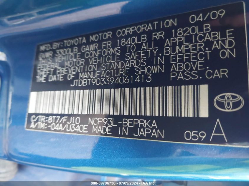 2009 Toyota Yaris VIN: JTDBT903394061413 Lot: 39796738