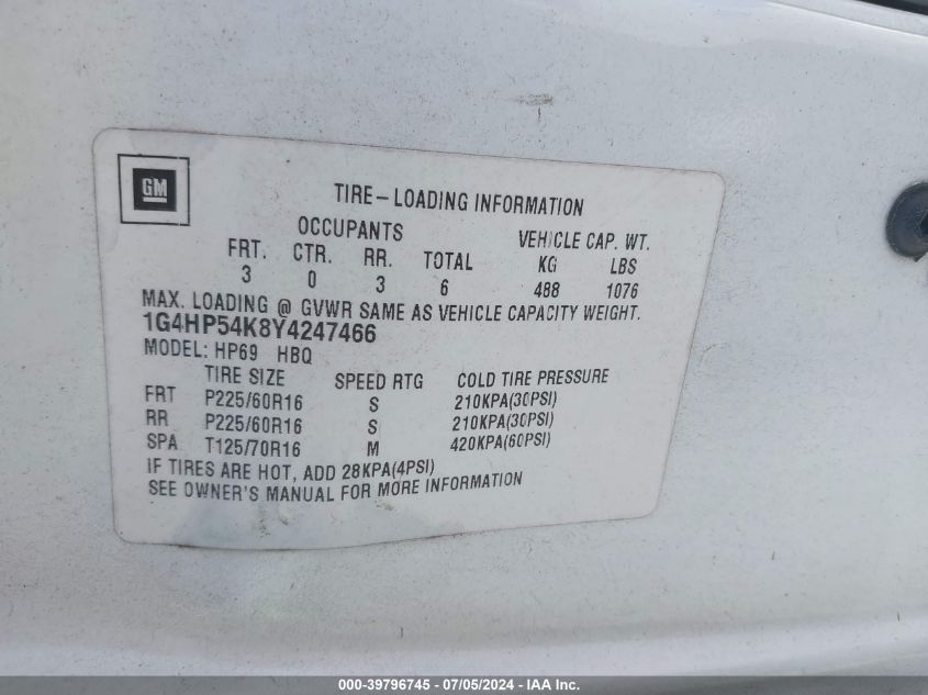 2000 Buick Lesabre Custom VIN: 1G4HP54K8Y4247466 Lot: 39796745