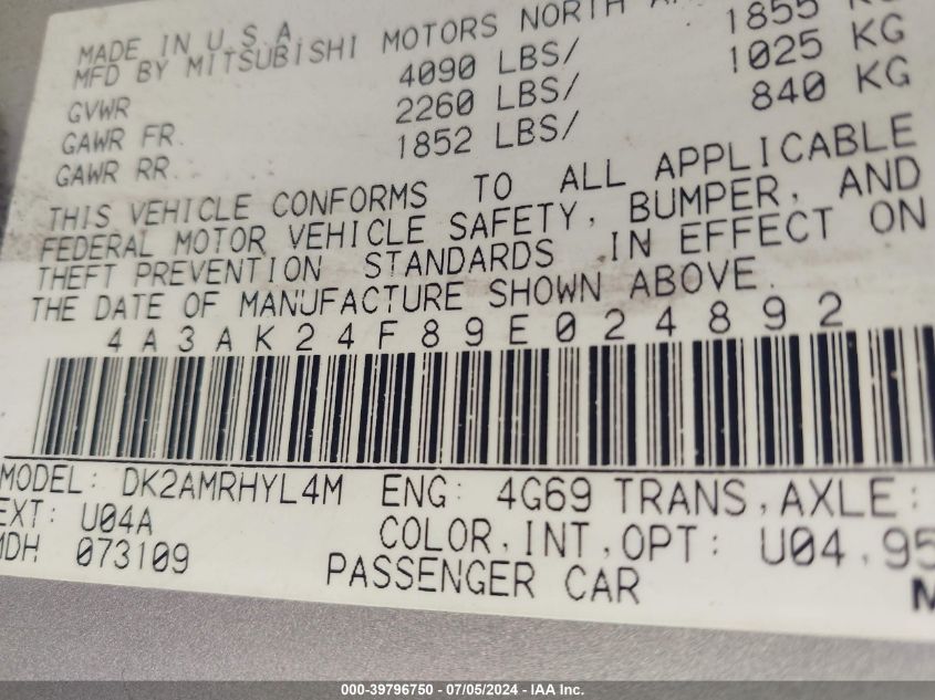 2009 Mitsubishi Eclipse Gs VIN: 4A3AK24F89E024892 Lot: 39796750
