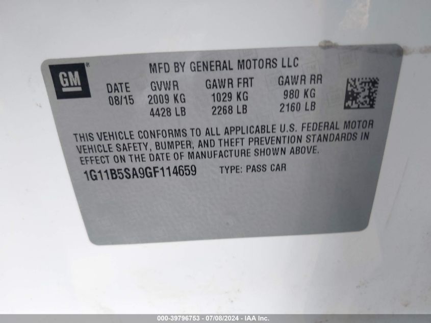 2016 Chevrolet Malibu Limited Ls VIN: 1G11B5SA9GF114659 Lot: 39796753