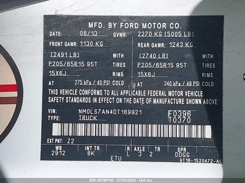 2013 Ford Transit Connect Xl VIN: NM0LS7AN4DT169921 Lot: 39796760