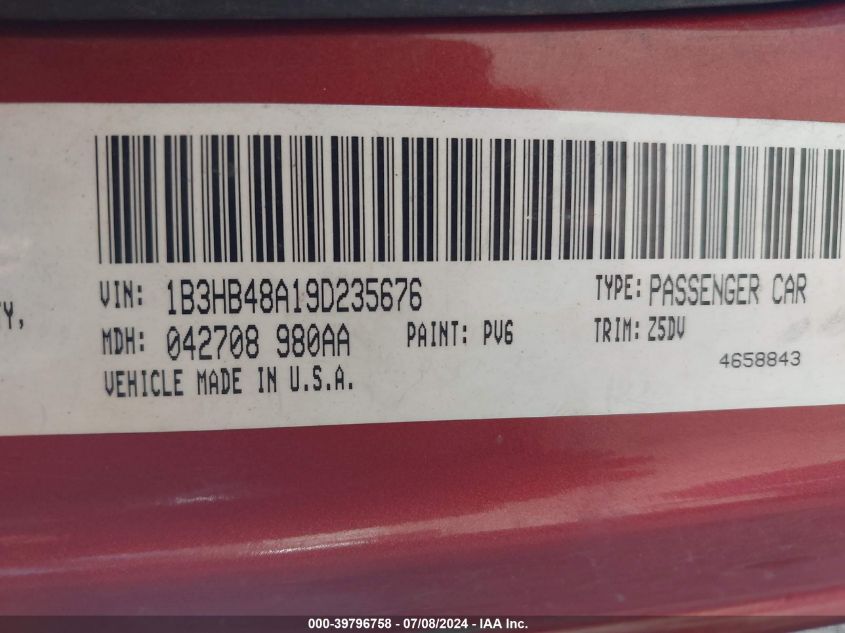 2009 Dodge Caliber Sxt VIN: 1B3HB48A19D235676 Lot: 39796758