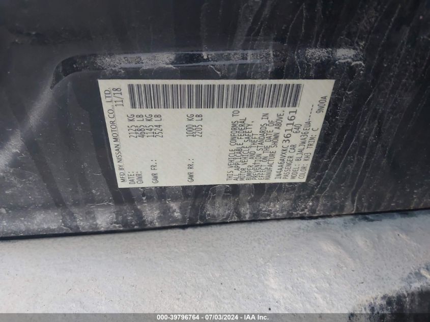 2019 Nissan Maxima 3.5 Sv VIN: 1N4AA6AVXKC361161 Lot: 39796764