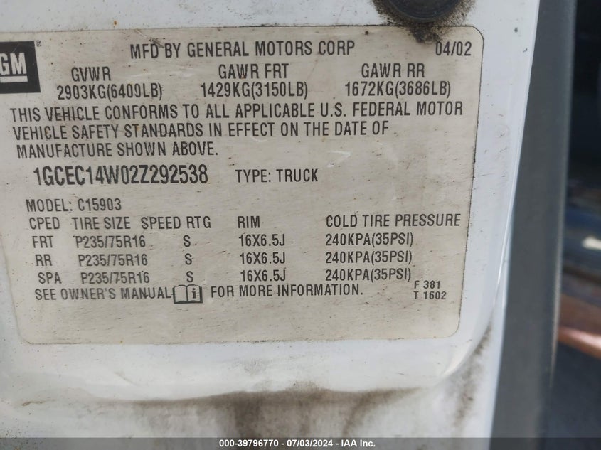 2002 Chevrolet Silverado 1500 VIN: 1GCEC14W02Z292538 Lot: 39796770