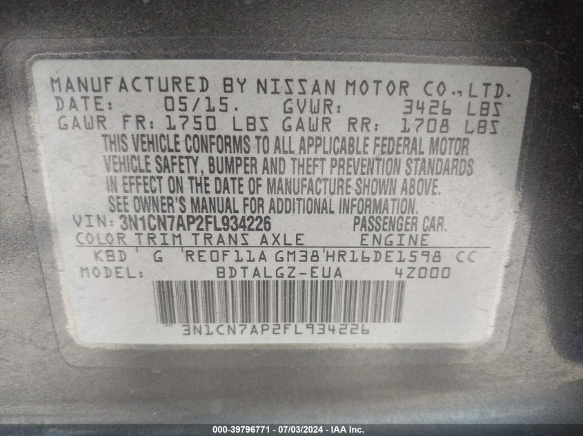 2015 Nissan Versa S/S Plus/Sv/Sl VIN: 3N1CN7AP2FL934226 Lot: 39796771