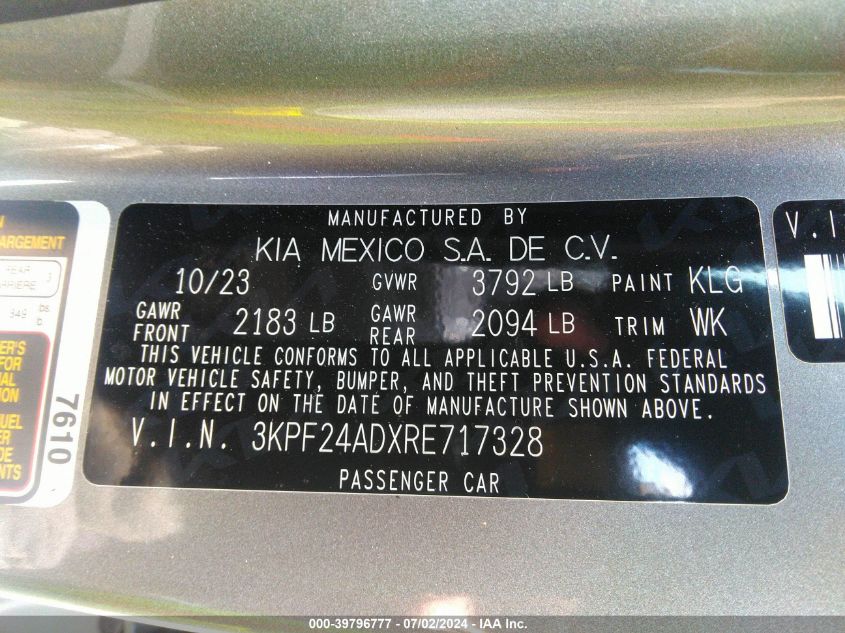 2024 Kia Forte Lxs VIN: 3KPF24ADXRE717328 Lot: 39796777