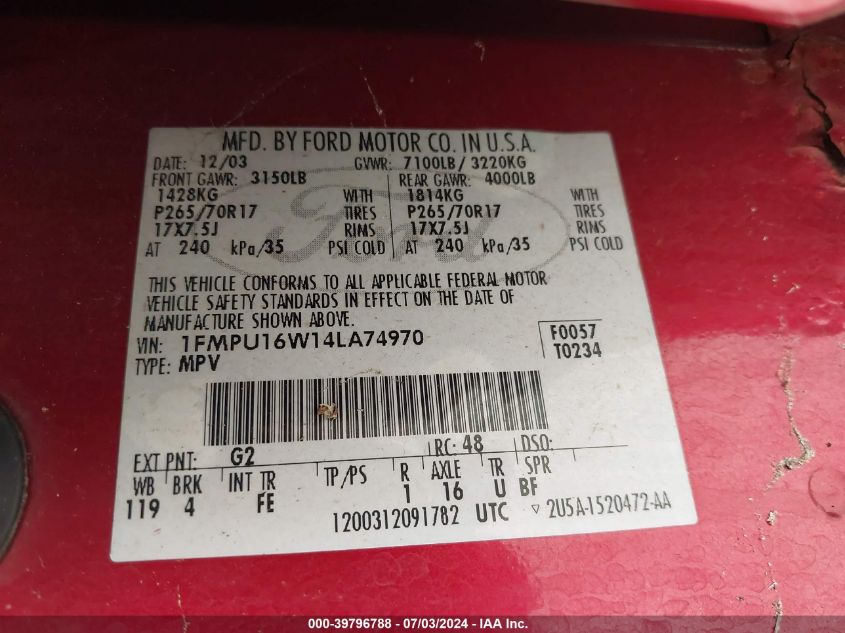 2004 Ford Expedition Xlt VIN: 1FMPU16W14LA74970 Lot: 39796788