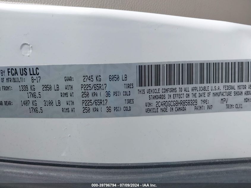 2017 Dodge Grand Caravan Sxt VIN: 2C4RDGCG8HR858329 Lot: 39796794