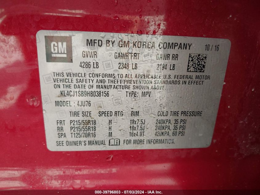 2017 Buick Encore Sport Touring VIN: KL4CJ1SB9HB038156 Lot: 39796803