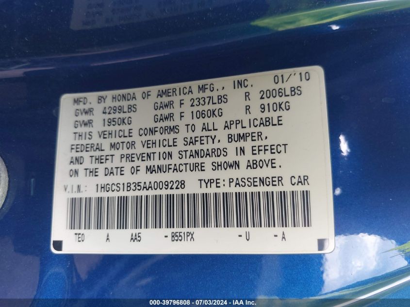 2010 Honda Accord 2.4 Lx-S VIN: 1HGCS1B35AA009228 Lot: 39796808