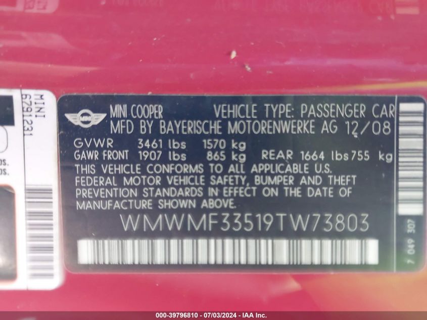2009 Mini Cooper VIN: WMWMF33519TW73803 Lot: 39796810