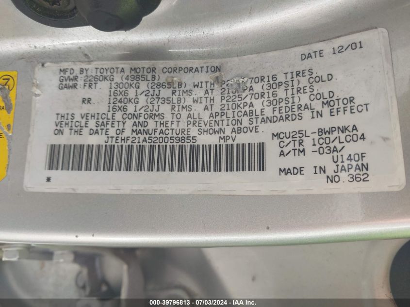 2002 Toyota Highlander Limited V6 VIN: JTEHF21A520059855 Lot: 39796813