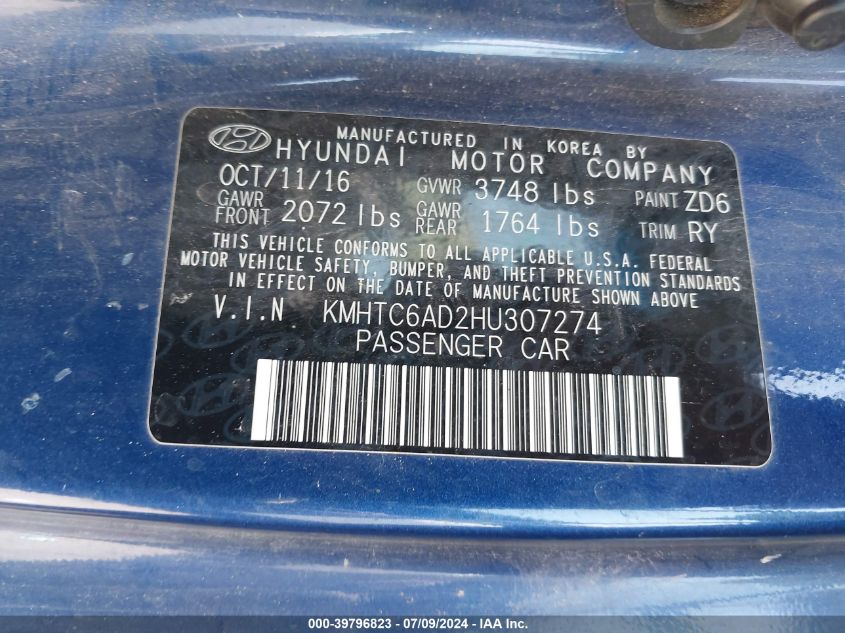 2017 Hyundai Veloster VIN: KMHTC6AD2HU307274 Lot: 39796823