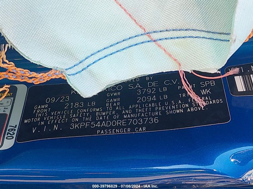 2024 Kia Forte Gt-Line VIN: 3KPF54AD0RE703736 Lot: 39796829