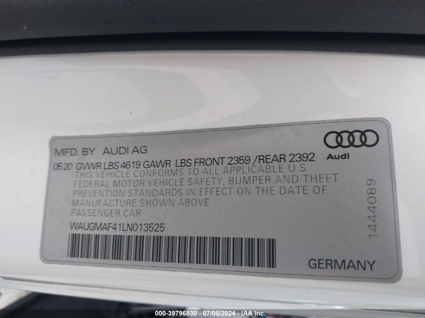 2020 AUDI A4 PREMIUM 40 TFSI FRONT-WHEEL DRIVE S TRONIC - WAUGMAF41LN013525