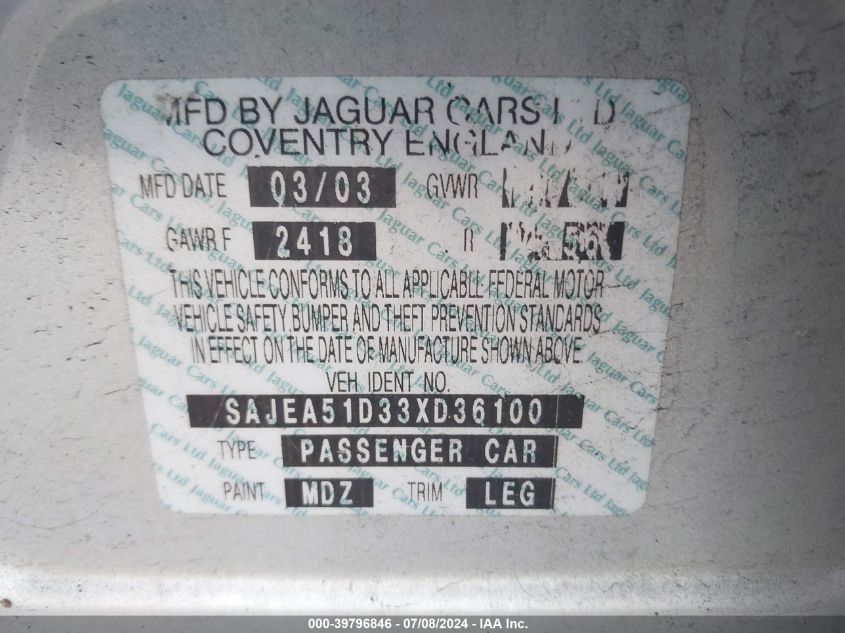 2003 Jaguar X-Type 2.5 VIN: SAJEA51D33XD36100 Lot: 39796846