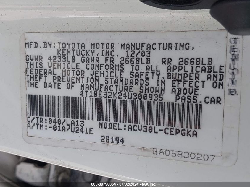 4T1BE32K24U300935 | 2004 TOYOTA CAMRY